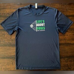 Soccer Themed Activewear Tee - Life's About Goals and Assists, Youth Large, EUC
